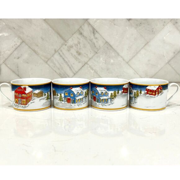 American Atelier Christmas/Winter Village Coffee/Hot Chocolate Cups Set of 4 - Picture 8 of 9